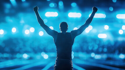 A silhouette of a victorious athlete with raised arms in celebration, standing in a stadium filled with blue lights, symbolizing triumph and success.