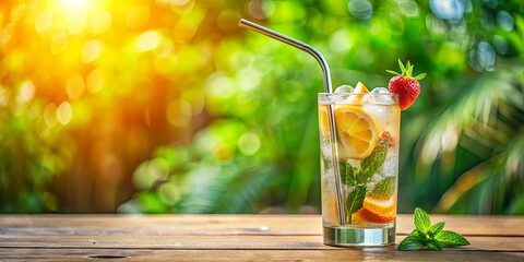 A refreshing summer beverage with citrus fruit and fresh mint, garnished with a strawberry, resting on a wooden surface with a blurred green background and a warm glow of sunlight.
