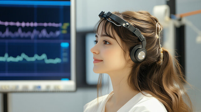 woman wearing wearable EEG headset is engaged in monitoring brain activity in modern lab setting. advanced technology captures her focus and curiosity
