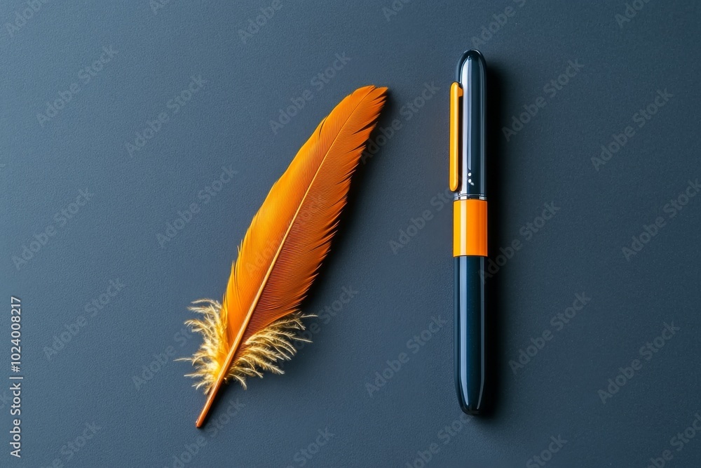 Poster A minimalist design showing a single feather quill pen next to a sleek, modern stylus on a clean surface