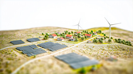 Naklejka premium Conceptual 3D rendering of solar panels and wind turbines near a small rural town