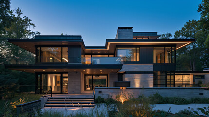Fototapeta premium Contemporary two-story home with a floating staircase, cantilevered balcony, and dark stone cladding, enhanced by ambient lighting that highlights the architectural details.