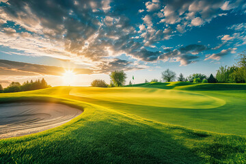 Golf course at sunset with beautiful sky and sand trap. Scenic panoramic view of golf fairway with bunker. Golf field with pines