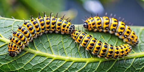 High angle view of a yellow and black caterpillar on a leaf