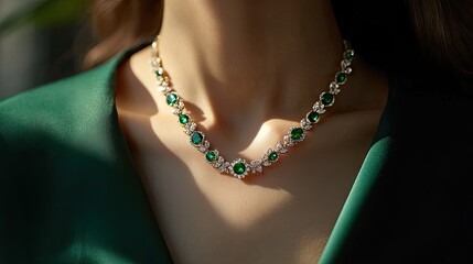 Exquisite emerald necklace adorned with diamonds, set in gold, glowing with classic elegance and sophistication, perfect for luxury jewelry lovers.