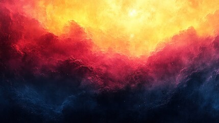 Fototapeta premium Abstract colorful nebula with red, orange, yellow, and blue hues with small white dots, resembling a cosmic cloud or galaxy.