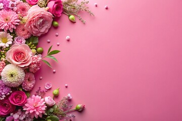 Fototapeta premium High angle view of abstract celebration flowers on pink background
