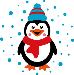 Cute penguin in a winter hat and scarf in flat style. Funny Christmas character for kids design. Round shape isolated vector illustration
