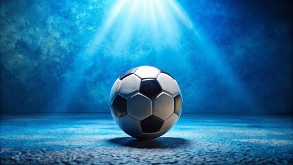 Fototapeta premium A solitary soccer ball resting on a textured surface, illuminated by a single spotlight, casting an ethereal glow against a deep blue backdrop.