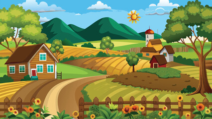 Picturesque Countryside Farm Vector Art Rolling Fields and Rustic Barns in a Scenic Background