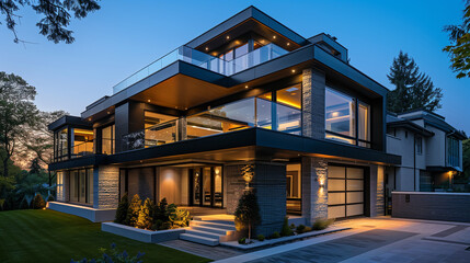 Contemporary two-story home with a floating staircase, cantilevered balcony, and dark stone cladding, enhanced by ambient lighting that highlights the architectural details.
