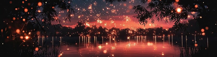 A stunning sunset over a tranquil lake, with glowing lights reflecting on the water, surrounded by lush trees and serene nature.