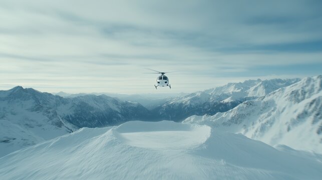 Helicopter flying over snowy mountain peaks, clear blue sky, stunning winter landscape.