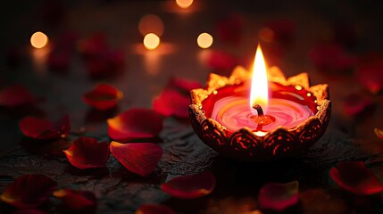 A beautiful candle flickers in a decorative holder, surrounded by rose petals, creating a serene and romantic ambiance.