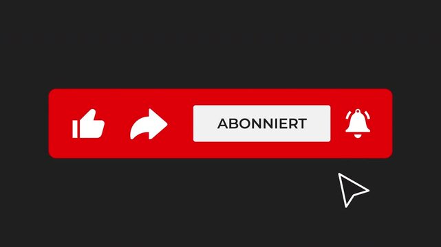 Mouse Clicking a Subscribe button Like, Share and Bell notification, animation with transparency - German