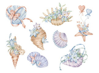 Obraz premium Watercolor shell and flower combination