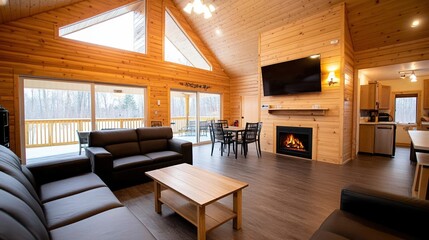 Fototapeta premium Modern cabin interior with wooden walls and cozy fireplace, bright natural light.