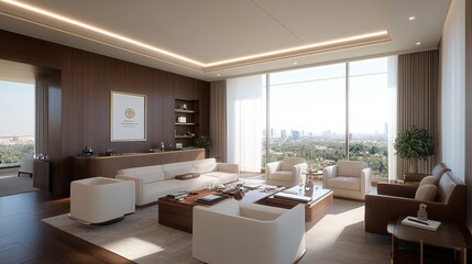 Fototapeta premium Modern living room with a spacious layout and large windows, showcasing city views.