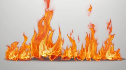 Dynamic fire flames isolated on a white background. This high-quality image captures the movement and intensity of fire, perfect for dramatic effects in presentations, posters, or creative designs.