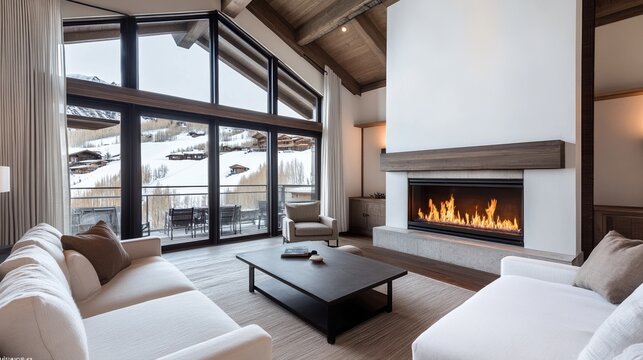 Modern living room with large windows and fireplace, cozy atmosphere.