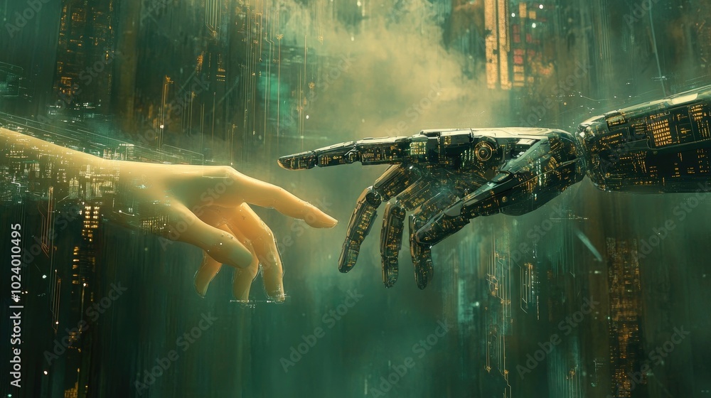 Poster human and robotic hands nearly touching, surrounded by digital data flows and futuristic networks, r