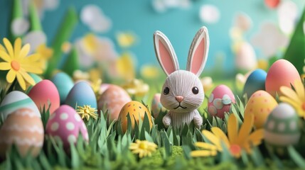 Fototapeta premium A Papercraft Easter Bunny Surrounded by Decorated Eggs and Flowers