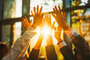 Happy young entrepreneurs high fives, concept of success celebration by hands united together.