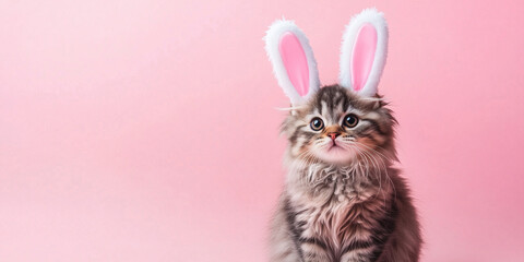Sweet cat with plush cuddly pink rabbit ears on plain pink background. Domestic animal services promotion. Cool realistic ad. Sweet cat with plush cuddly pink rabbit ears on plain pink background.
