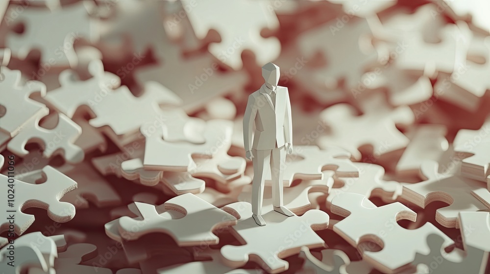 Poster paper businessman in 3d working on a massive puzzle, representing collective intelligence and strate