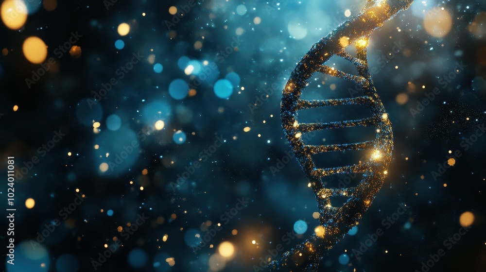 Poster 3d render of a dna double helix on a dark blue background with bokeh lights, science and technology 