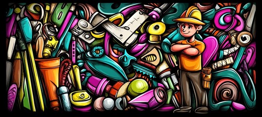Fototapeta premium A colorful illustration featuring a character amidst various tools and materials.