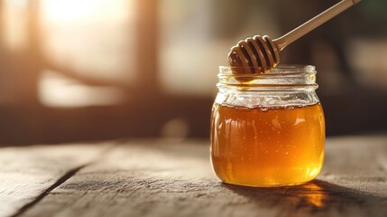 A jar of honey with a wooden dipper, illuminated by warm sunlight.