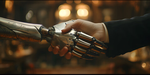 Mão robótica apertando a mão de um humano