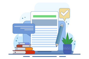 Modern online education concept for website banner. e-learning, internet courses, applied learning, university studies, classroom, tutorials, library on computer. flat illustration.