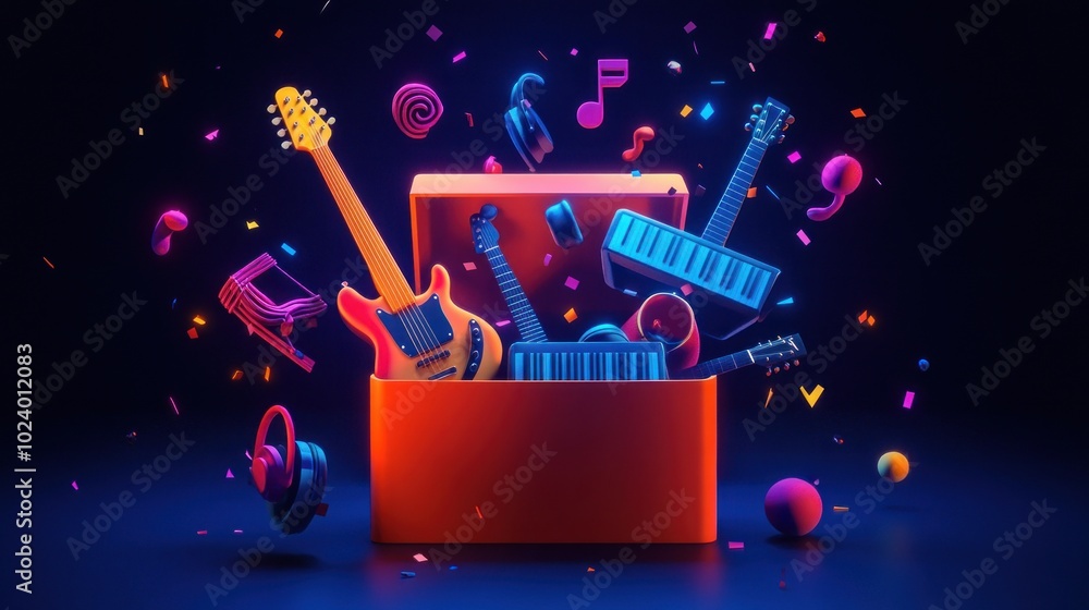 Aufkleber a vibrant display of musical instruments and notes emerging from an open box.
