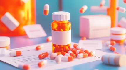 A vibrant scene featuring a prescription bottle surrounded by capsules and medical forms.