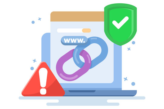 concept of protection from malicious links. unsafe website addresses. dangerous and suspicious url addresses. chain with shield symbol and warning sign. flat vector illustration.