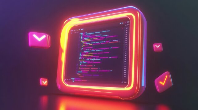 A vibrant 3D representation of a code editor with colorful neon elements.