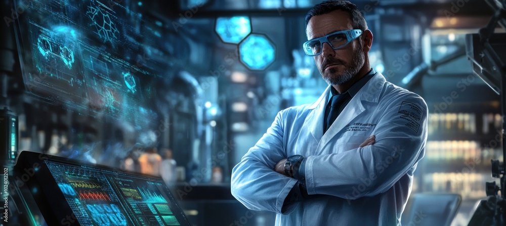 Poster a scientist in a lab, surrounded by advanced technology and data displays.