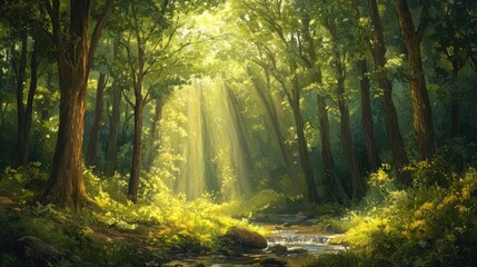 Fototapeta premium Sunbeams Illuminating a Stream in a Lush Green Forest
