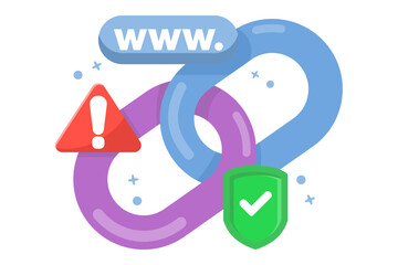 Fototapeta premium concept of protection from malicious links. unsafe website addresses. dangerous and suspicious url addresses. chain with shield symbol and warning sign. flat vector illustration.