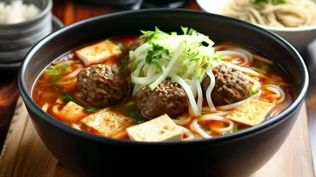Meatball Soup with Noodles and Tofu