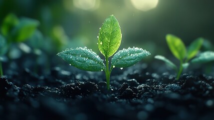 Close Up of a Dew-Covered Sprout Emerging from the Soil