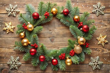High angle view of Christmas ornaments pine branch wreath with red and gold baubles and falling snowflakes