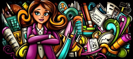 Fototapeta premium A vibrant illustration of a confident woman surrounded by colorful office supplies and charts.