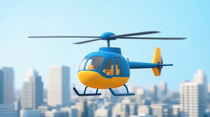 Fototapeta premium A colorful helicopter flying over a city skyline, representing transport and adventure.