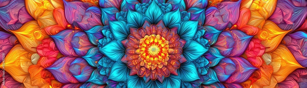 Poster vibrant mandala design with intricate patterns and colors radiating from the center, creating a mesm