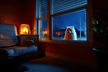 Abandoned house in a suburban neighborhood, with dark shadows gathering in the corners, and a faint, ghostly figure seen through the window
