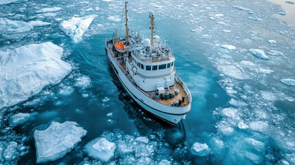 Research Vessel Near Glacier in Icy Waters, morning lighting ambient