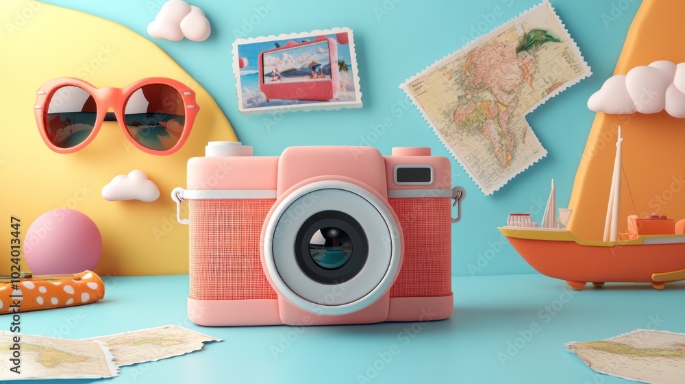 Poster A colorful travel-themed display featuring a vintage camera and travel-related items.